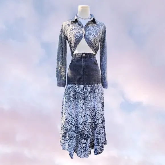 Gloria Vanderbilt Dark Wash Denim Black White Cotton Peasant Reconstructed Skirt - Picture 1 of 9